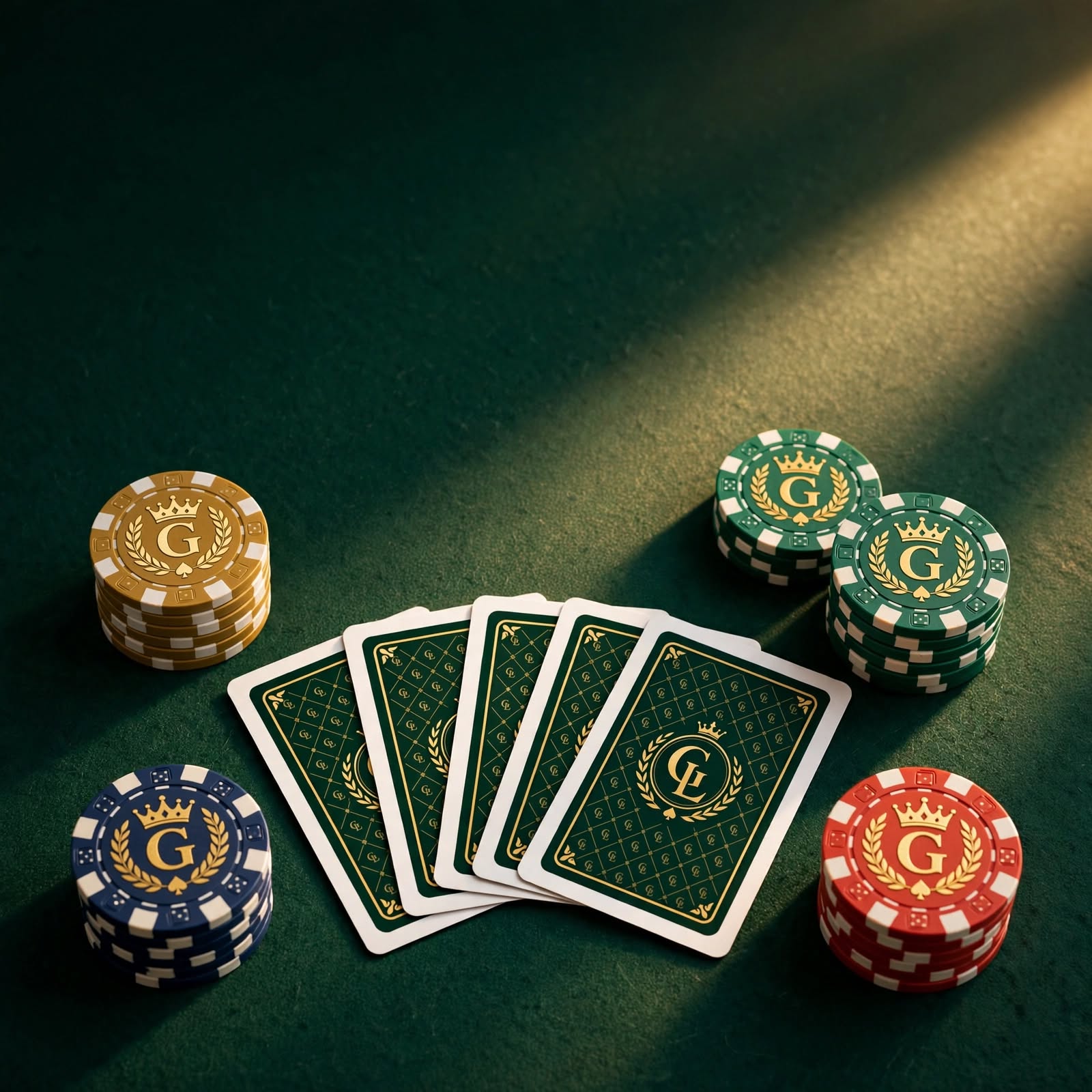 Un éventail de cartes face cachée et quatre piles de jetons de couleurs différentes sur un feutre vert.